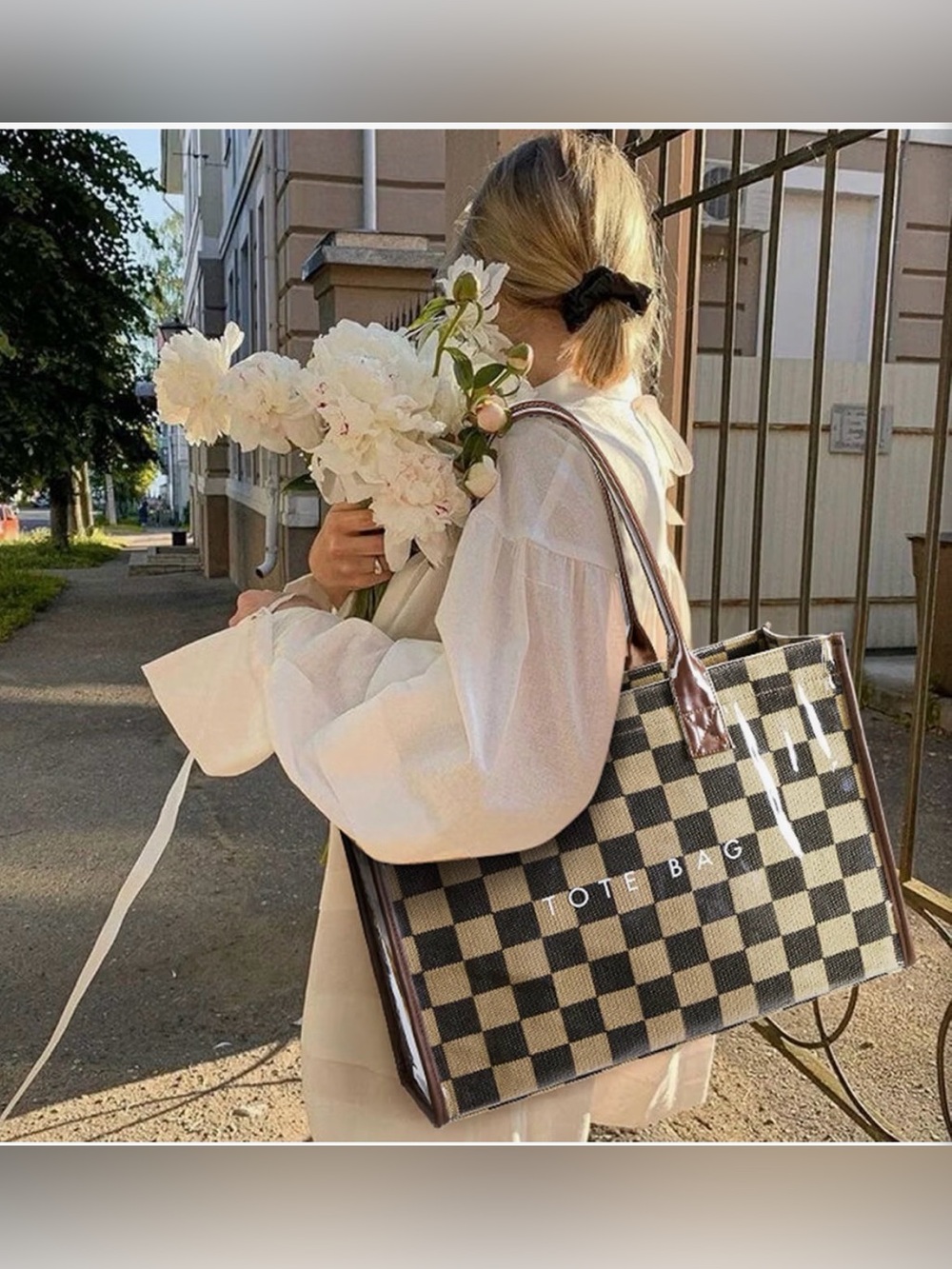 Checked Tote Bag with Brown Trim